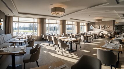 Elegant Restaurant Interior with Tables, Chairs, and Large Windows Overlooking Green Space