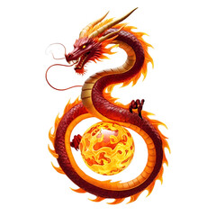 Fototapeta premium Fiery Dragon Encircles Glowing Orb, Mythical Power isolated on transparent background Generative AI.