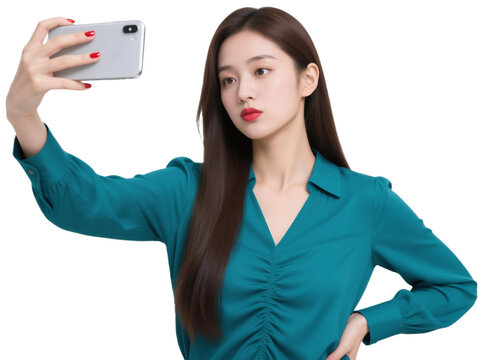 businesswoman using smart phone , happy businesswoman holding smart phone on transparent background , no background