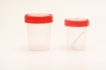 Jars for urine and fecal tests. Containers for medical tests.
