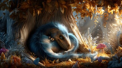 Fluffy velociraptor hugs tree in fantasy