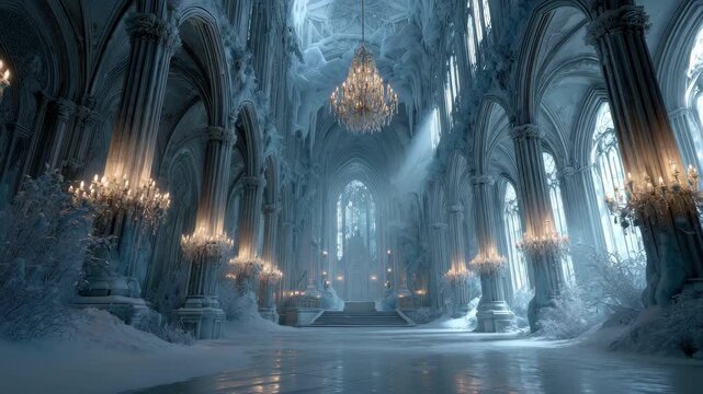 Frozen Cathedral Grand Hall Winter Palace Ice Fantasy Architecture, 4k video footage, loop, animation