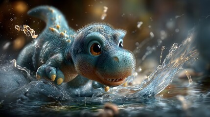 Fuzzy t-rex cub splashing in clear water