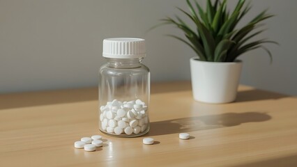 Close up of white pills in a bottle on a wooden table.