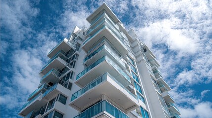 Luxury high-rise apartment exterior with glass balconies under blue sky