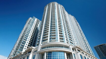 Fototapeta premium Luxury high-rise apartment exterior with glass balconies under blue sky