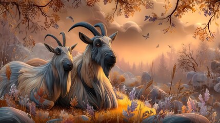 Markhor goats at sunset a scenic view
