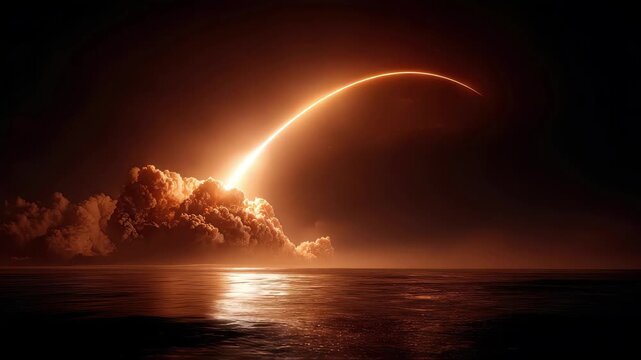 A ballistic missile or Rocket Launch Over Ocean Dramatic Sunset Sky, 4k 4k video footage, loop, animation