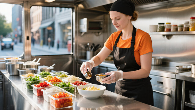 A female chef prepares a fresh salad in a food truck, surrounded by colorful ingredients and a bustling street view.