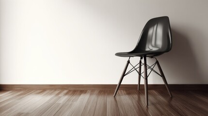 Retro plastic shell chair on hardwood floor against white wall background