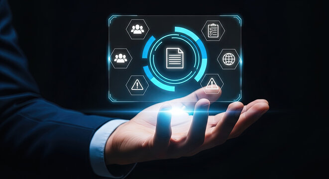 Compliance and Regulation Concept: Hand Holding Digital Interface with Document, Team, Checklist, Globe and Warning Icons. Business Technology.