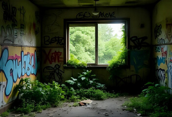 an abandoned destroyed building with grafittis and plants from the inside; lost place