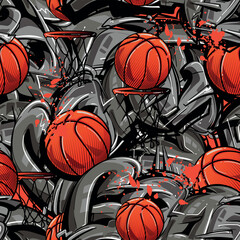 Seamless basketball pattern with bold orange balls flying into hoops, graffiti-style splashes, dynamic urban sport background. Graphic texture for sportswear, teen fashion, street style prints. © Kseniia Koval