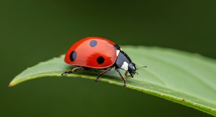Fototapeta premium A close-up shot of a bright red ladybug with black spots resting on the edge of a vibrant green leaf.