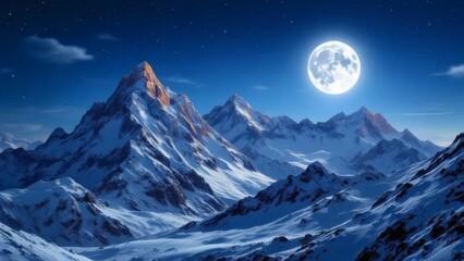 Obraz premium Scenic Snow Covered Mountain Peaks with Shining Full Moon Landscape