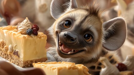 Smiling hyena cub shares dessert joyfully