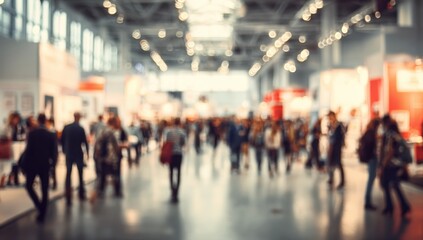 Fototapeta premium Blurred Crowd at a bustling trade show, showcasing vibrant displays and diverse attendees.