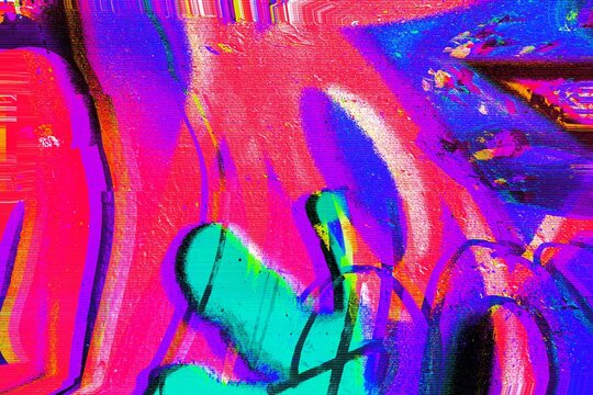 Abstract graffiti design with neon pink, blue, orange. 90s acid style, vibrant hues, liquid distortion. Posters, digital art, urban visuals, modern Y2K creative banner.