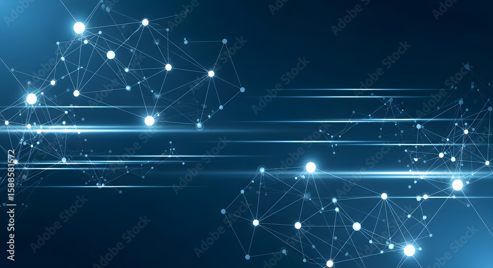 Poster abstract digital network: a luminous digital network of interconnected nodes and lines glows against