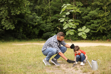 Father and his son planting tree into soil outdoors, space for text