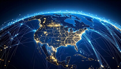 Nighttime satellite view of North America with illuminated cities and digital network overlays