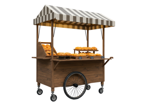 Isolated Rustic Wooden Bakery Cart with Striped Awning and Fresh Bread Display