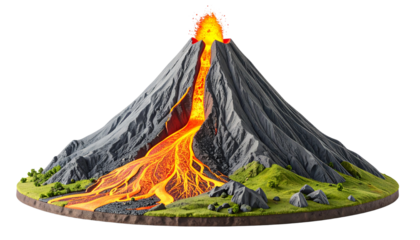 Model of a volcano with agma chamber and eruption path, isolated on transparent background