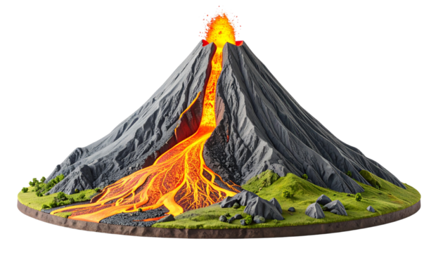 Model of a volcano with agma chamber and eruption path, isolated on transparent background