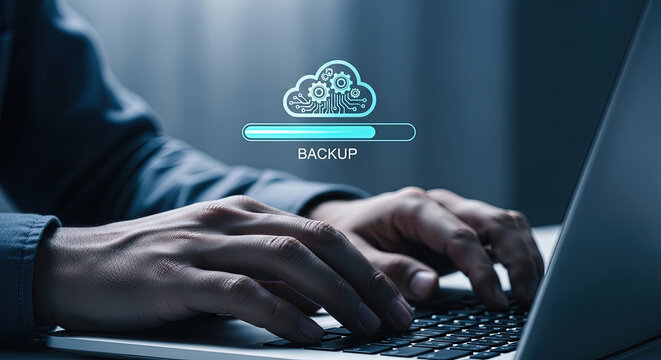 Data Backup Process on Laptop: Cloud Storage, Cyber Security, and IT Solutions for Business Continuity and Disaster Recovery. Secure Digital Files Online