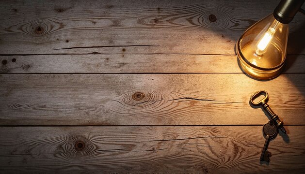 Vintage key beside illuminated lamp on wooden table surface  