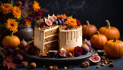 Fig and Walnut Cake: Styled with autumn florals, cake crumbs, and warm-toned props.
