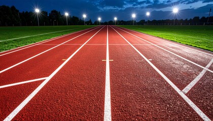 Nighttime running track with red lanes, white markings, and illuminated surroundings