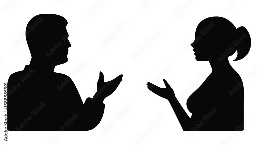 Poster two people in silhouette facing each other with open hands gesturing in conversation or explanation 