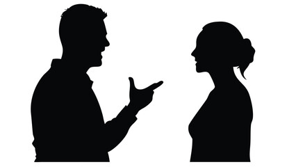 A man and woman in conversation: a silhouette of a man gesturing with his hand while speaking to a woman who is listening attentively, presented in a clean black and white silhouette style