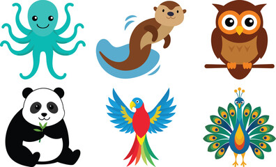 Naklejka premium Cute Cartoon Animals Illustration Set on Transparent Background set cute cartoon animal