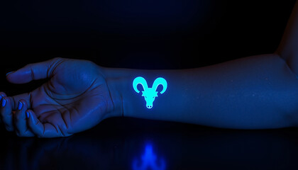 Close-up of hand with glowing minimalist zodiac tattoo on wrist  