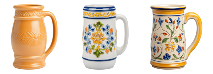 Colorful Ceramic Mugs Isolated on Checkered Transparent Background