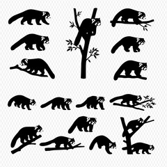 Collection of red panda silhouettes in various poses: standing, climbing, and resting on branches, isolated on a white background.