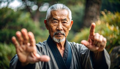 Senior martial artist in a park
