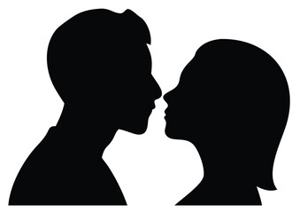 Close-up profile silhouette of a man and woman facing each other with noses almost touching, representing intimacy, connection, and romance in a minimalist-style silhouette