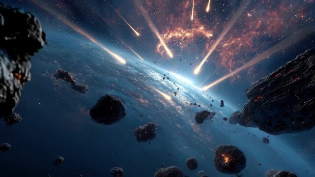 Meteor Shower Bombarding Planet Fiery Space Rocks Falling Earth Destruction 4k video footage, loop, animation
