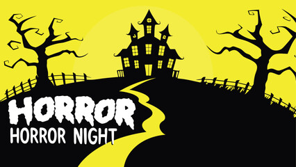 Spooky haunted house on a hill with a winding path under a yellow moon and creepy trees at night