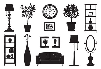 Home furniture silhouette set featuring sofa, chair, table, bed, wardrobe, and lamp, perfect for interior design themes, clean black vector shapes on white background, ideal for posters, icons, infogr