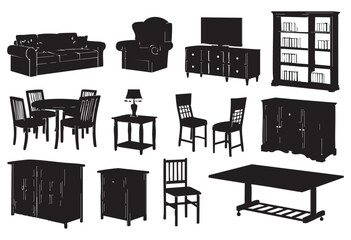 Silhouette collection of home furniture including sofa, bed, dining table, chairs, lamp, and cabinets, ideal for interior decoration, clean black icons on white background, perfect for design projects