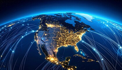 Nighttime satellite view of North America with illuminated cities and digital network overlays