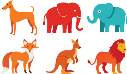 Colorful Cartoon Animal Set Dog Elephant Fox Kangaroo Lion on transparent background