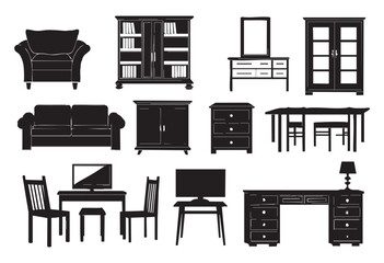 Black silhouette set of home furniture items like sofas, chairs, tables, beds, dressers, and lamps, perfect for modern interior designs, bold black vector shapes on white background, great for icons, 