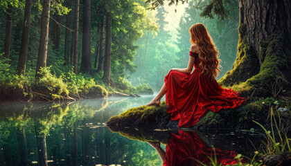 Illustration of a beautiful woman in a red dress sitting by a lake