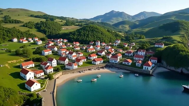 Aerial view of elantxobe basque country spain village coastline beach harbor and mountains landscape 100