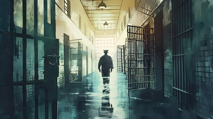 watercolor style Prison guard walking through prison